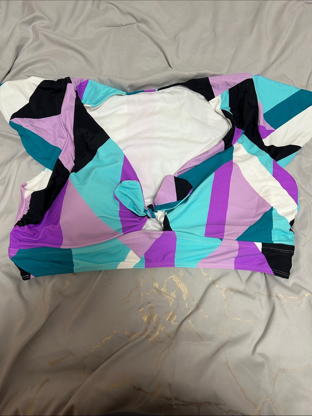 Colorblock Twist-Front Crop swim Top - Turquoise & Purple